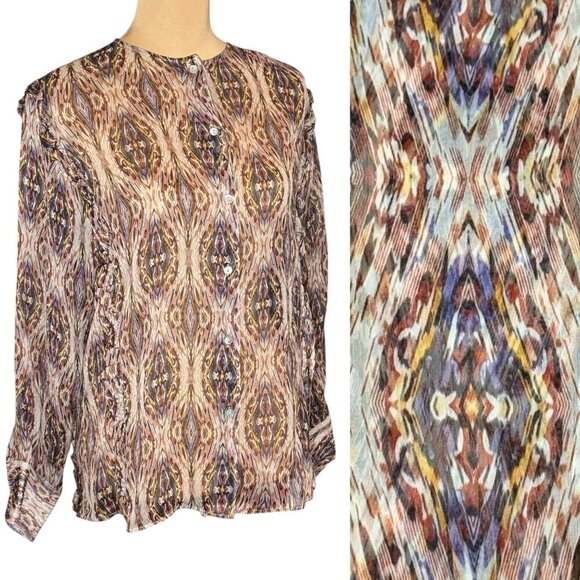 Massimo Dutti Boho Chiffon Blouse Sz.M Multi Printed Sheer Maximalist Career - Picture 1 of 15